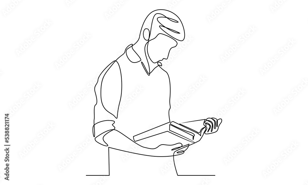 continuous line of standing man reading book continuous line of standing man reading book
