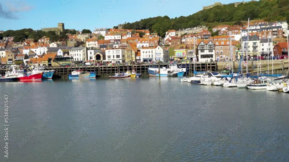 weeping panorama across Scarborough harbour, the hberth of sailing boats, yachts, pleasure boats and leisure boats, in North Yorkshire