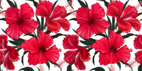 Lovely red hibiscus flowers. Seamless tropical wallpaper. Exotic tropical pattern. Hand drawn 3d illustration for fabric  wallpaper  paper