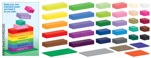 Plastic building blocks kit, colored individual parts to put together and label it with catchwords listed hierarchically. Isolated vector illustration on white background.
