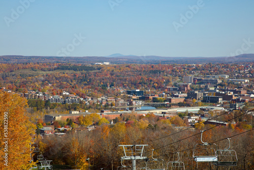 Sherbrooke qc Canada Mont-Bellevue chair lift mountain autumn small town cityscape french Quebec Eastern Townships region