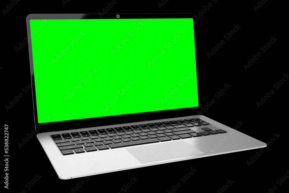 Modern laptop with empty green screen on black background - 3D illustration Modern laptop with empty green screen on black background - 3D illustration