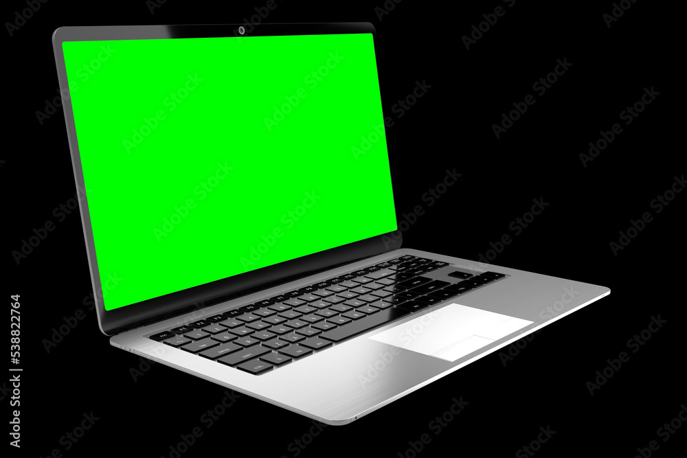 Modern laptop with empty green screen on black background - 3D illustration Modern laptop with empty green screen on black background - 3D illustration