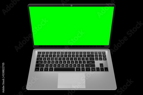 Modern laptop with empty green screen on black background - 3D illustration