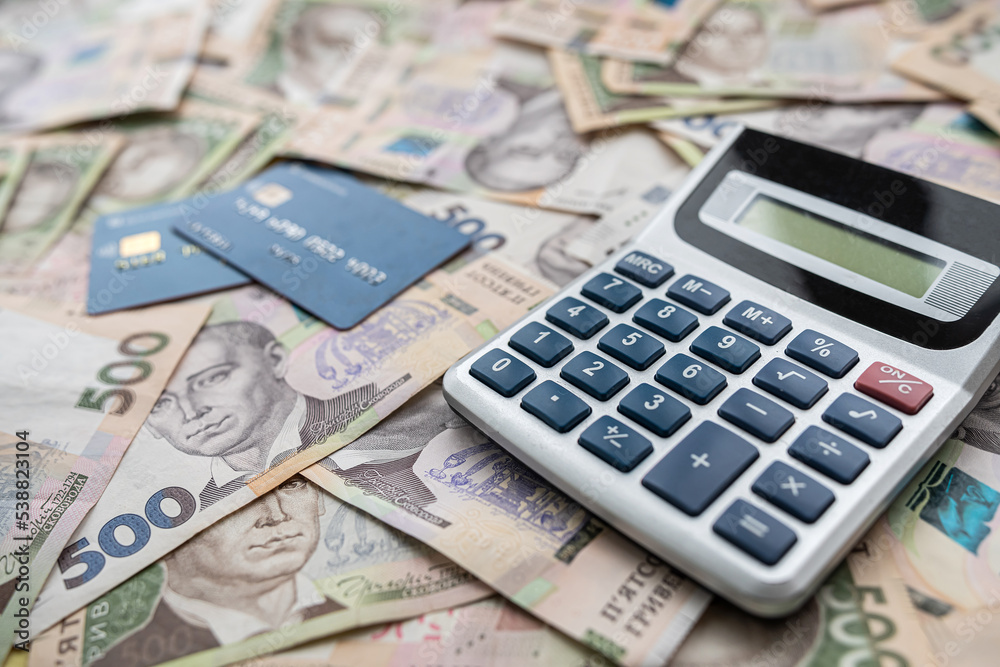 business money background ukraine money credit card and calculator business money background ukraine money credit card and calculator