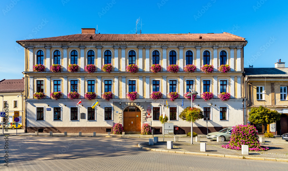 Colorful Town Hall Ratusz and local Council House at Rynek Market Square in historic old town quarter of Andrychow in Poland