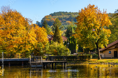 Fototapeta Naklejka Na Ścianę i Meble -  City park and lake with colorful fall trees leaf mosaic in historic old town quarter of Andrychow with Beskidy Mountains in background in Lesser Poland