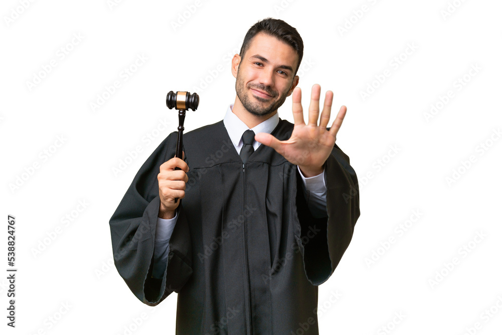 Judge caucasian man over isolated background counting five with fingers Judge caucasian man over isolated background counting five with fingers