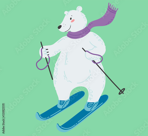 White polar bear in skis. Winter sport. Colorful vector illustration in a cute flat style. Vector illustration design.