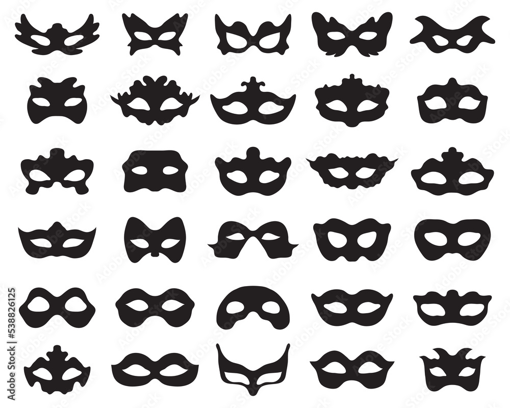 Black silhouette of festive masks in black on a white background Black silhouette of festive masks in black on a white background