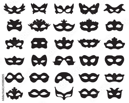 Black silhouette of festive masks in black on a white background 