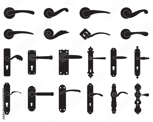 Black silhouettes of doorknobs and handles of the door on a white background	
