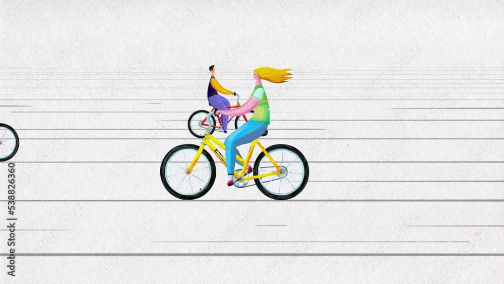 Four cartoon animated characters man and woman riding bikes on simple vintage background. Seamless loop in perspective linear landscape. Sport two couples good for explainer. Four cartoon animated characters man and woman riding bikes on simple vintage background. Seamless loop in perspective linear landscape. Sport two couples good for explainer.