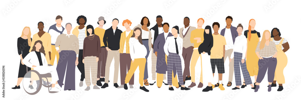 Different people stand side by side together. Flat vector illustration.