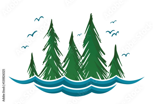 The forest symbol with lake and birds.