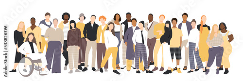 Different people stand side by side together. Flat vector illustration.