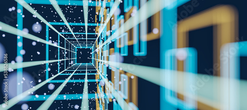 Fototapeta Naklejka Na Ścianę i Meble -  Abstract background with perspective view effect of bright and blurred geometric figures on dark backdrop. 3D rendering