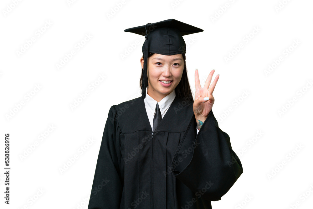 Young university graduate Asian woman over isolated background happy and counting three with fingers Young university graduate Asian woman over isolated background happy and counting three with fingers
