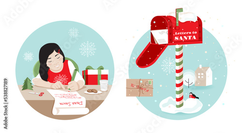 Little girl writing a Christmas wish list letter for Santa Claus. Traditional red vintage mailbox decorated for winter holidays, letters from kids to Santa. Set of round framed vector illustrations