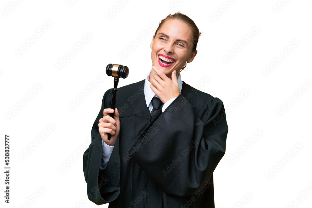 Judge caucasian woman over isolated background looking up while smiling Judge caucasian woman over isolated background looking up while smiling