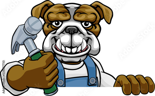 A bulldog cartoon animal mascot carpenter or handyman builder construction maintenance contractor peeking around a sign holding a hammer