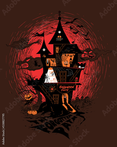 Vector illustration Halloween night party: cartoon horror castle scenery with pumpkin, skull, tree, bats, scary ghosts, graveyard in dark