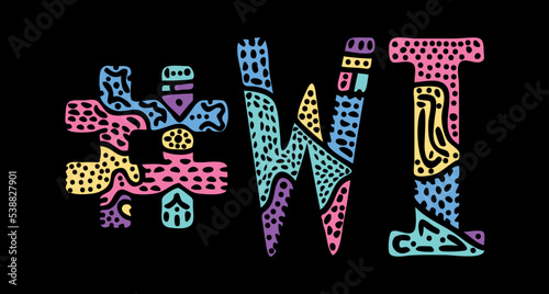 WI Hashtag. Multicolored bright isolate curves doodle letters. Hashtag #WI is abbreviation for the US American state Wisconsin for social network, web resources, mobile apps.