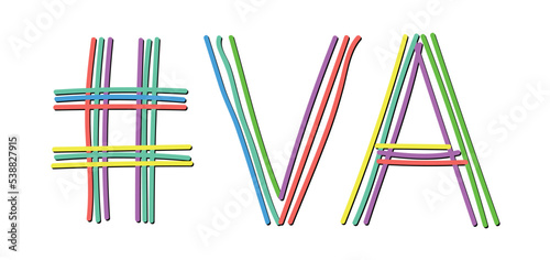 VA Hashtag. Isolate doodle lettering text from multi-colored curved neon lines like from a felt-tip pen, pensil. #VA is abbreviation for the US America state Virginia for banner, social network, t-shi