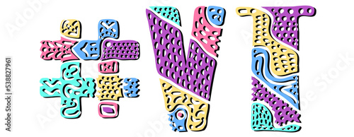 VT Hashtag. Multicolored bright isolate curves doodle letters. Hashtag #VT is abbreviation for the US American state Vermont for social network, web resources, mobile apps.