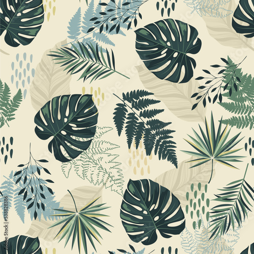 Tropical exotic floral silhouette green leaves seamless pattern background. Exotic jungle wallpaper
