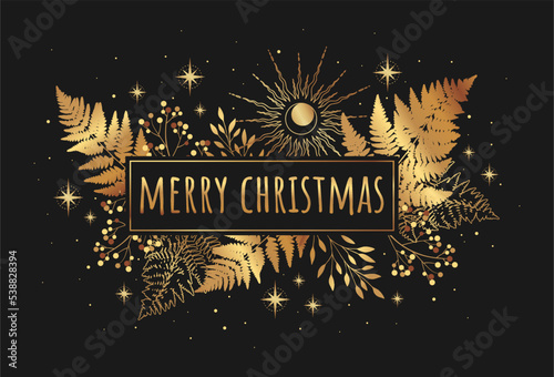 Merry Christmas and Happy New Year floral background. Horizontal template for Christmas cards, wedding invitations, party invitation. Vector hand-drawn sketch.