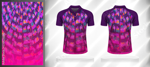 Vector sport pattern design template for Polo T-shirt front and back view mockup. Dark and light shades of purple-pink-blue color abstract rough tie dye texture background illustration.
