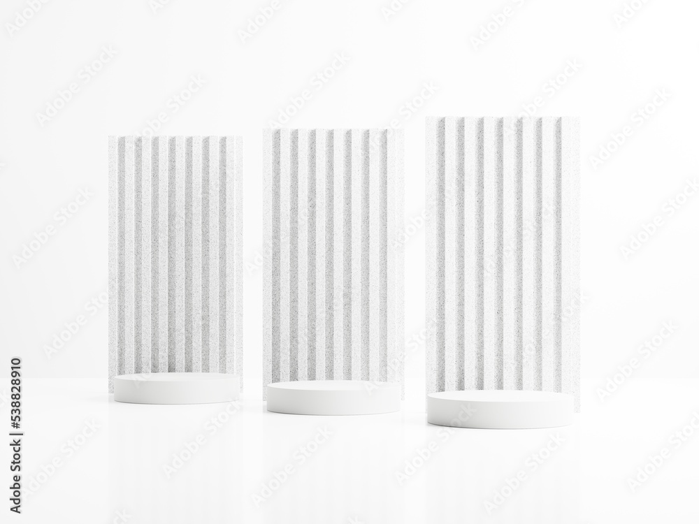 3d white ceramic display podiums isolated on white background. 3d rendering of abstract presentation for product advertising. 3d illustration. 3d white ceramic display podiums isolated on white background. 3d rendering of abstract presentation for product advertising. 3d illustration.