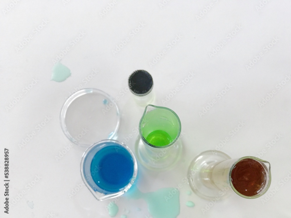 Top view of glassware Laboratory scientist research background. Chemical and biochemistry background. Top view of glassware Laboratory scientist research background. Chemical and biochemistry background.