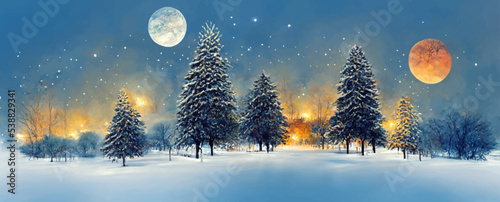 beautiful winter night landscape with snow covered