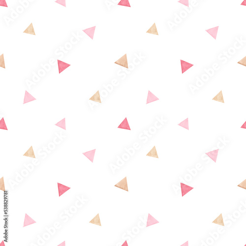 Watercolor seamless pattern with flags, hand painted pink and beige triangles for children's textiles, prints on a white background