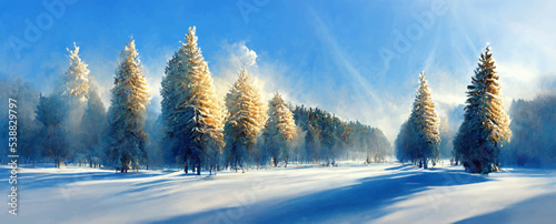 fantastic winter forest landscape, majestic white