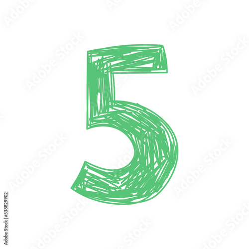 Number 5. Hand drawn line sketch digit. Children's drawing