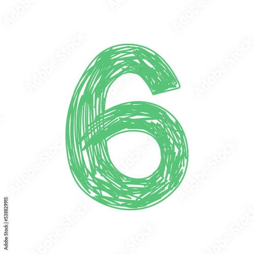 Number 6. Hand drawn line sketch digit. Children's drawing