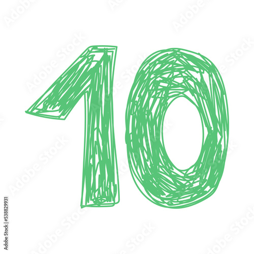 Number 10. Hand drawn line sketch digit. Children's drawing