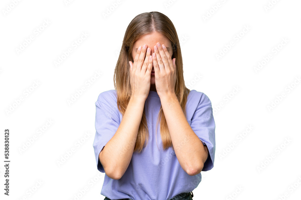 Young beautiful woman over isolated background covering eyes by hands Young beautiful woman over isolated background covering eyes by hands
