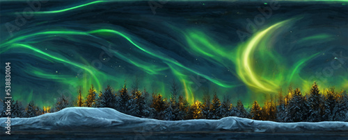 green aurora lights over winter terrain, beautiful.