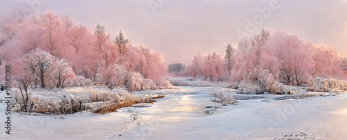 christmas lace,winter landscape in pink tones