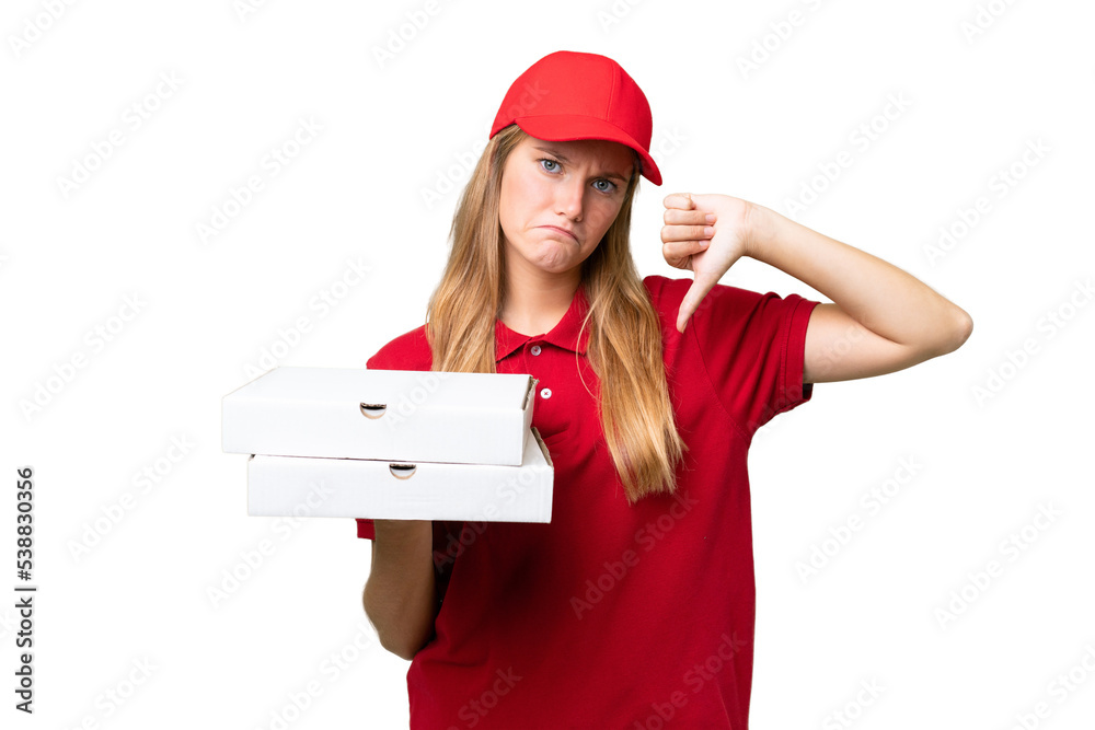 Young caucasian pizza delivery woman with work uniform picking up pizza boxes over isolated background showing thumb down with negative expression Young caucasian pizza delivery woman with work uniform picking up pizza boxes over isolated background showing thumb down with negative expression
