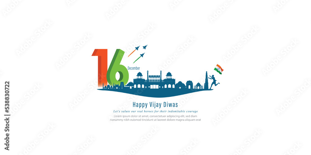 Vector illustration of Vijay Diwas (VICTORY DAY)banner, 16 december 1971, India flag, soldier with rifle and helmet, flying birds, banner template for websites. - obrazy, fototapety, plakaty 