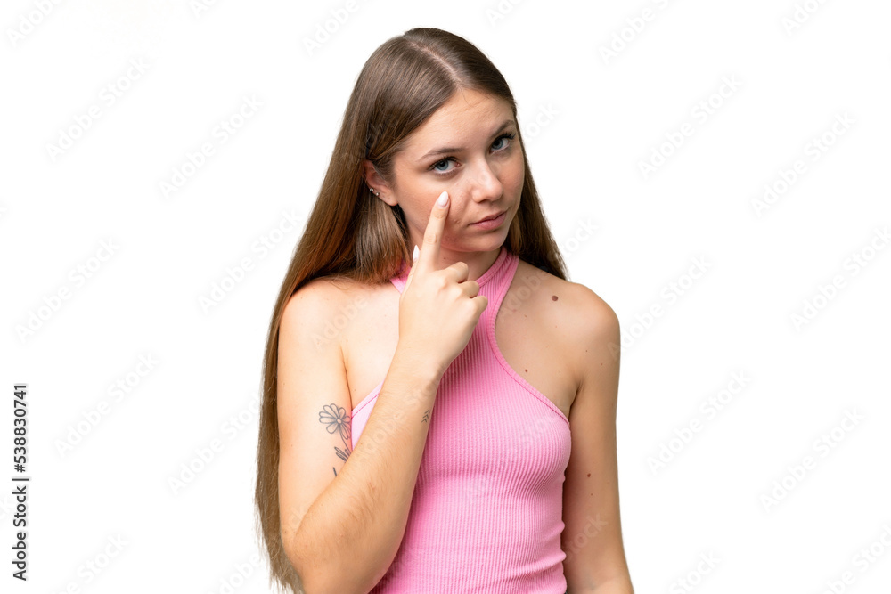 Young beautiful blonde woman over isolated background showing something Young beautiful blonde woman over isolated background showing something