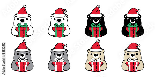 Bear vector polar bear christmas santa claus hat gift box icon birthday cartoon character logo teddy symbol doodle animal illustration isolated design