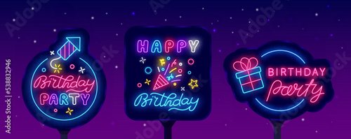 Birthday party neon street billboards collection. Light outdoor advertisings. Vector stock illustration
