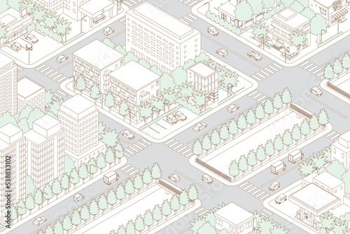 街並みの立体図. 都市の景観. 線画のイラスト.