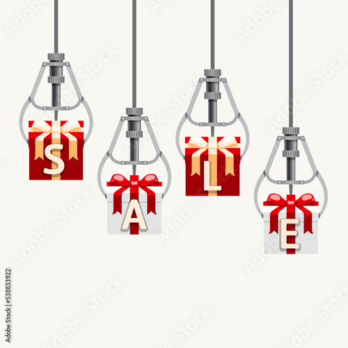 Merry New Year and Merry Christmas claw game with Gift Box template design. creative idea shopping sale discount concept vector illustration.